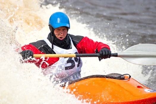 Kayak freestyle on whitewater, Russia, Msta, may 2010