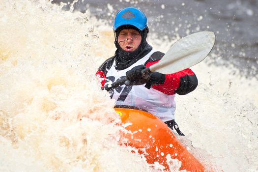 Kayak freestyle on whitewater, Russia, Msta, may 2010