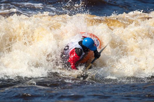 Kayak freestyle on whitewater, Russia, Msta, may 2010