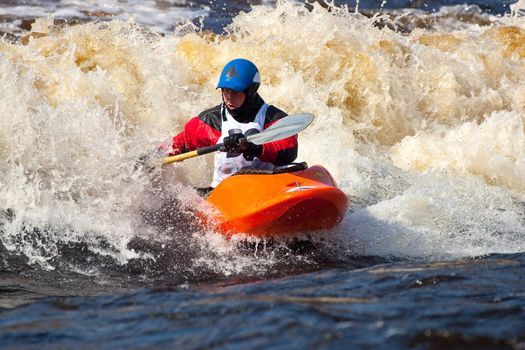 Kayak freestyle on whitewater, Russia, Msta, may 2010