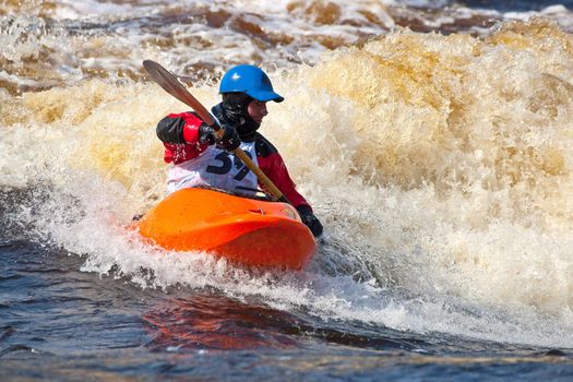 Kayak freestyle on whitewater, Russia, Msta, may 2010