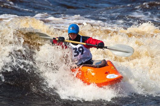 Kayak freestyle on whitewater, Russia, Msta, may 2010