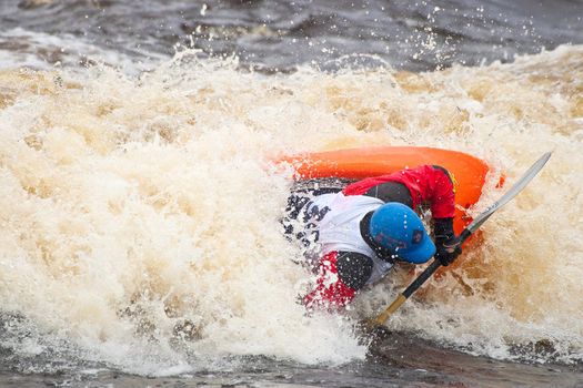 Kayak freestyle on whitewater, Russia, Msta, may 2010