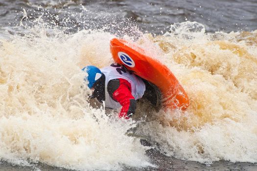 Kayak freestyle on whitewater, Russia, Msta, may 2010