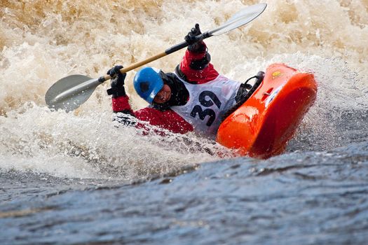 Kayak freestyle on whitewater, Russia, Msta, may 2010