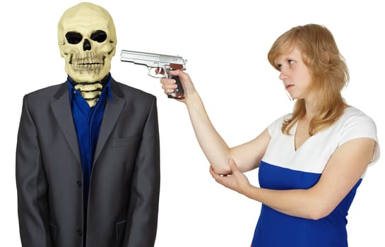 The young woman threatens with a pistol to the person - skeleton