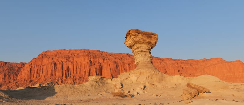 Sandstone formation in Ischigualasto, Argentina, the one called "the mushroom". UNESCO world heritage site. Panorama.