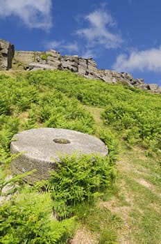 View from Stanage Edge on Hathersage Moor in Peak District National Park Derbyshire England