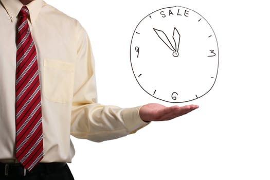 Man in a shirt and a tie showing a sale clock. Add your text to the clock.