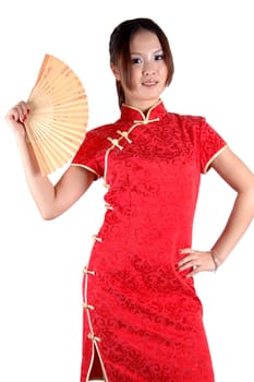 Asian girl wearing traditional red dress, holding fan. Chinese model, kind face expression, good shape.