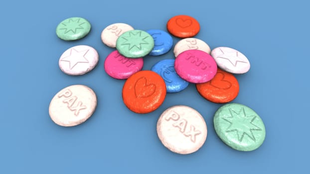a 3D render of some colored ecstasy pills
