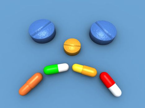 a 3d render of a sick head made with capsules and pills