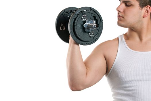 A young man curling a dumbbell over a white background.