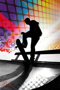Silhouette of a young teenage skateboarder going down a ramp with colorful graphic elements and grungy halftone.