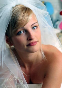 Beautiful bride with veil pictured on wedding day.