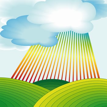 rural landscape with rainbow stripes and clouds