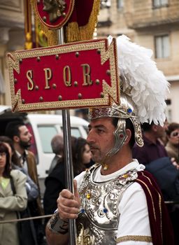 LUQA, MALTA - APR10 -  Roman standard bearer during procession in Malta April 10, 2009