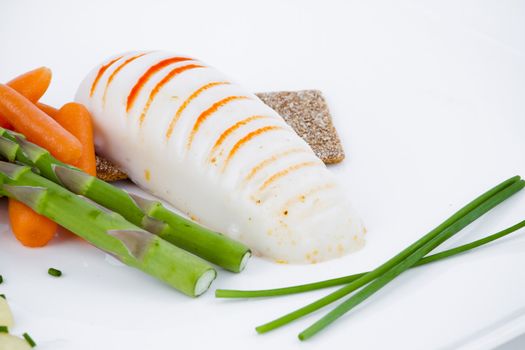 Diet meal, asparagus with carrots and sea food