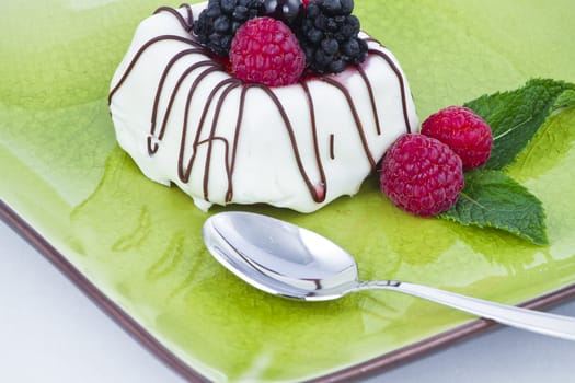 Black and white chocolate with blackberries on green plate