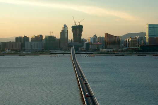 A view of Macau city with Macau-Taipa brigde with connection between the Macau peninsula and Taipa island