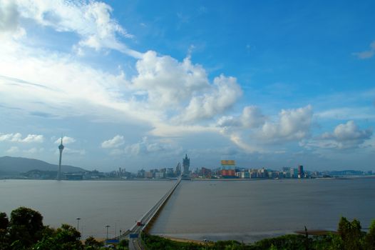 A view of Macau city with Macau-Taipa brigde with connection between the Macau peninsula and Taipa island