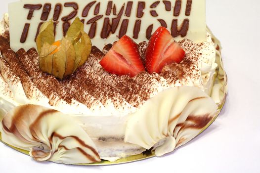 Delicious birthday tiramisu cake with special decoration