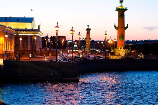 Night view of Rostal columns , St.Petersburg