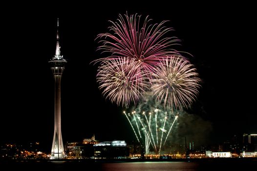 Celebration of New Year in Macau with fireworks beside the Tower Convention and Entertainment Center