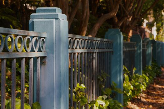 Blue metal and wood fence dimishing in distance with soft focus trees in background