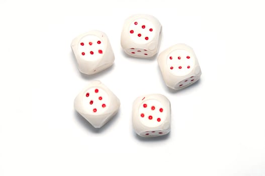 5 white dice with red on white background