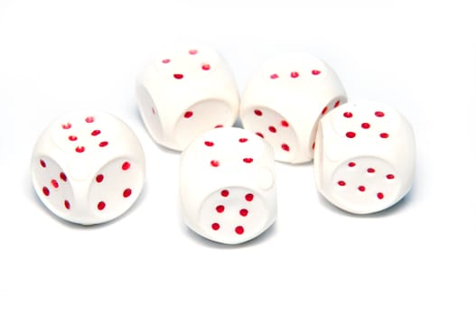 5 white dice with red on white background