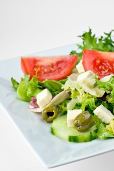 detail of a greek salad on a white plate