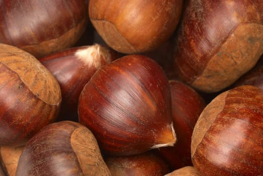 Food background, closeup take of fres chestnuts