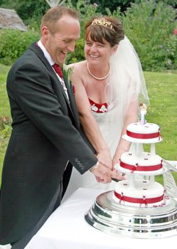 Mature, Happy, Bride and Groom Cutting the Cake at their Wedding Reception.