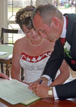 The Bride and Groom signing the register