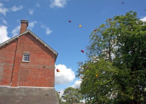 Balloons flying away between a building and trees