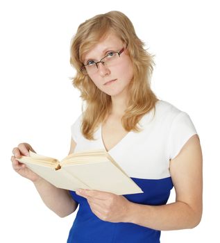 Young woman reading a book isolated on white background