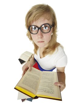 The girl in the old heavy glasses read the book isolated on white background