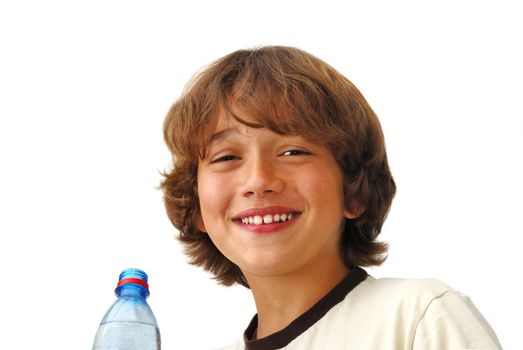 Smiling teenage boy after drinking water isolated on white background.