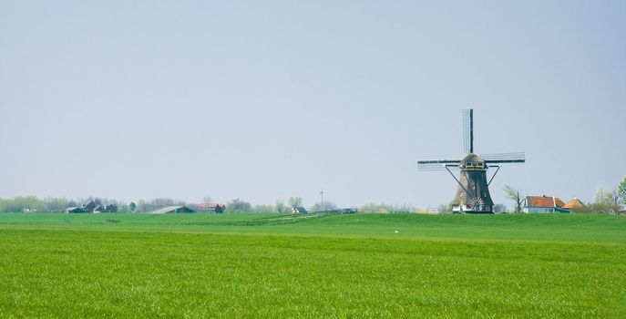 Dutch polder landscape with mill and farms on the dike