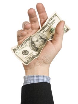 One hundred  dollar bill on a man's hand. Isolated on white.