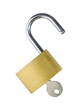 An open lock with a key isolated on white background.