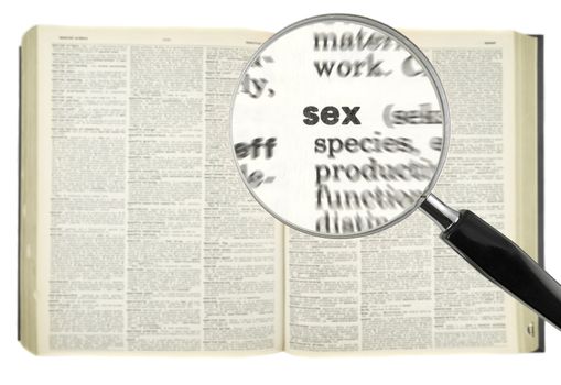A magnifying glass on the word SEX on a dictionary.