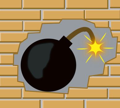 Bomb in brick wall with burning wick