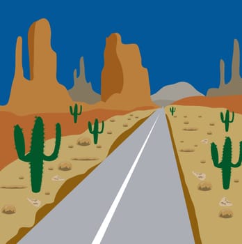 Road in desert amongst cactus and sand