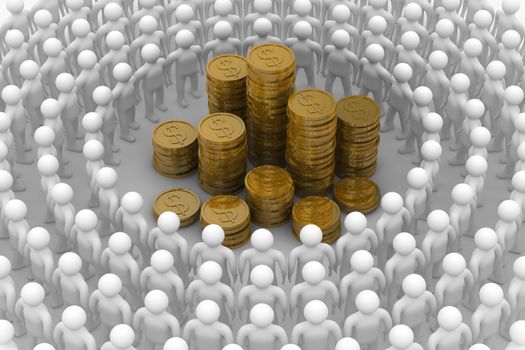 People standing around of money. Isolated 3D image