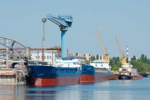 Industrial shipyard with newly built ships