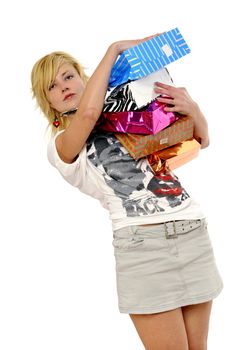 Half body view of young attractive woman doing shopping with lots of shopping bags. Isolated on white background.