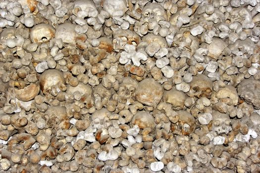 Detail of the human bones and skulls from charnel-house in Mikulov city. 
Mikulov, Moravia, Czech republic.