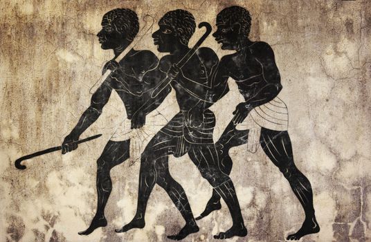 Ancient art - image of the three hunters in primitive style like mural painting
